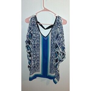 Alyx Sheer Blue Geometric Short Sleeve V-neck Blouse Sz XL